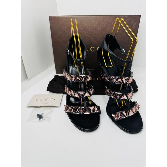 GUCCI Charlotte Black Leather Pink Crystal Jeweled Strappy Sandals Pump EU 39.5 - Picture 2 of 11